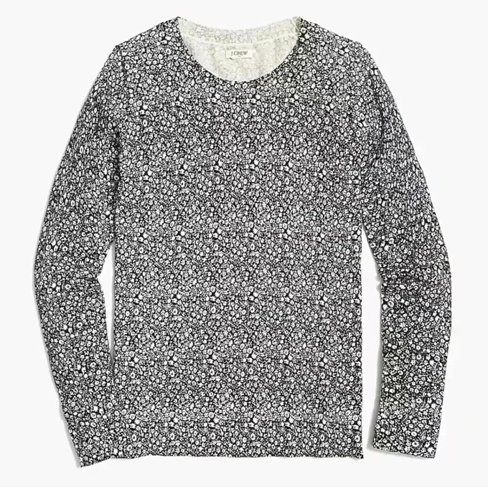 J Crew Teddie light weight sweater black with white flowers size medium